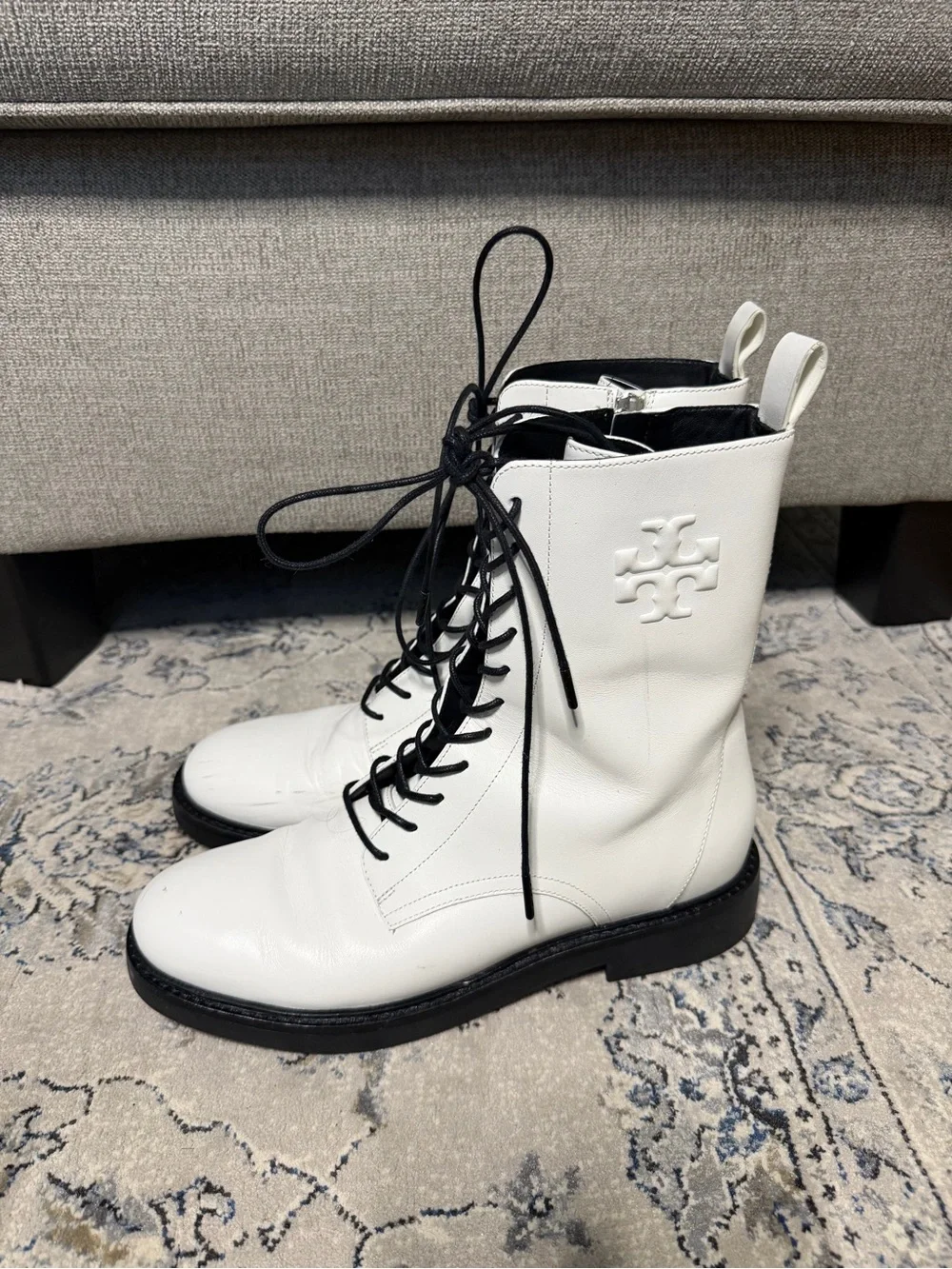 Tory Burch Double-T Combat Boot White Leather
